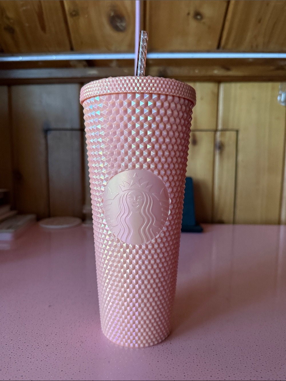 Starbucks Iridescent Peach Studded Cold Cup with Straw